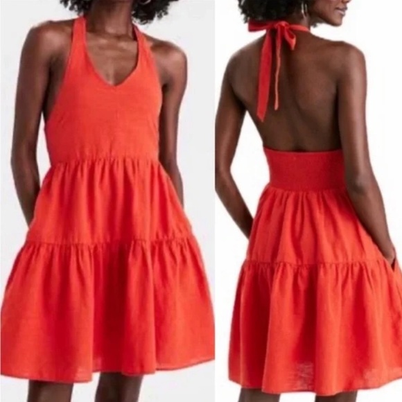 ❤️2/$30❤️[S]American Eagle Bold Orange Red Linen Blend Halter Sun Dress - Picture 2 of 10